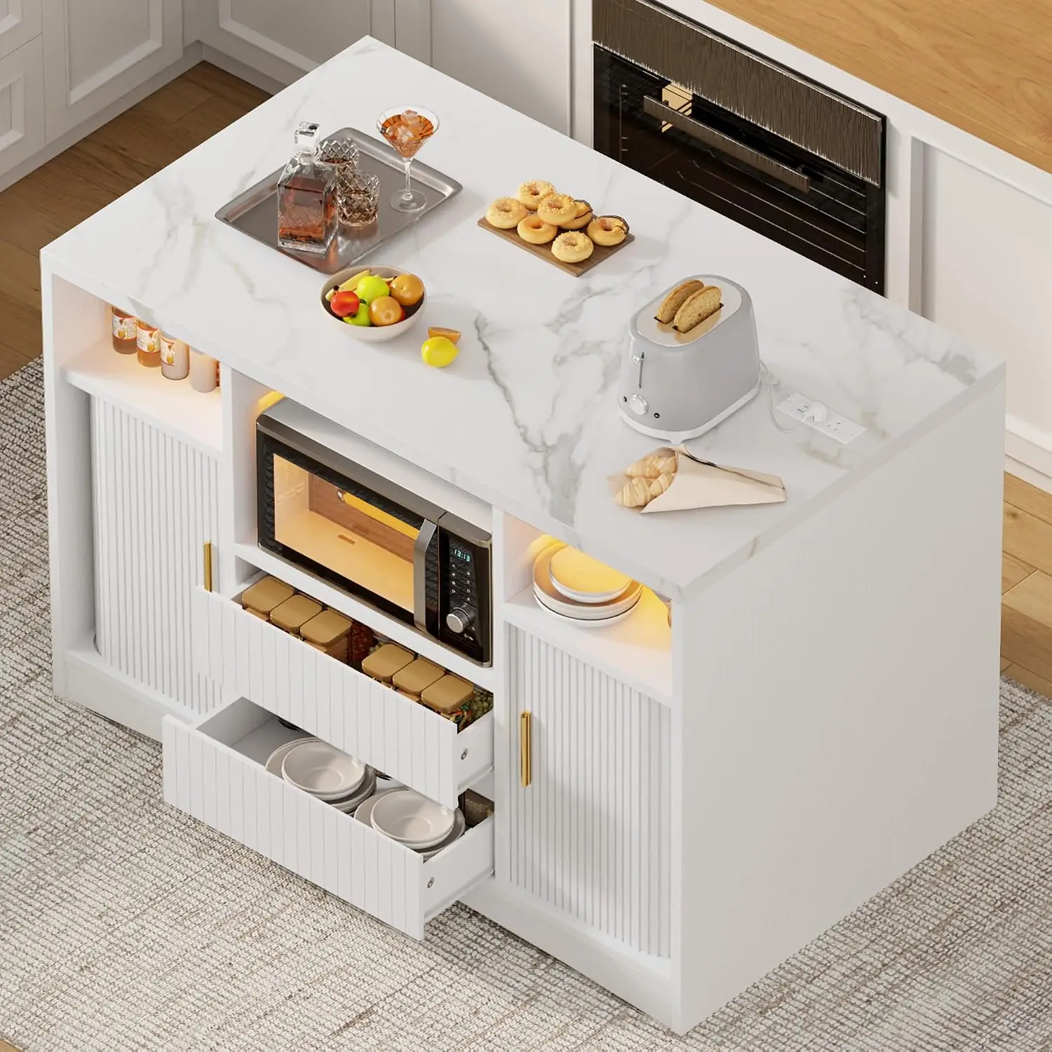 Kitchen Island Storage & Power Outlet, Kitchen Island Table with Drawers & Shelves, Dining & Prep Station, Customized