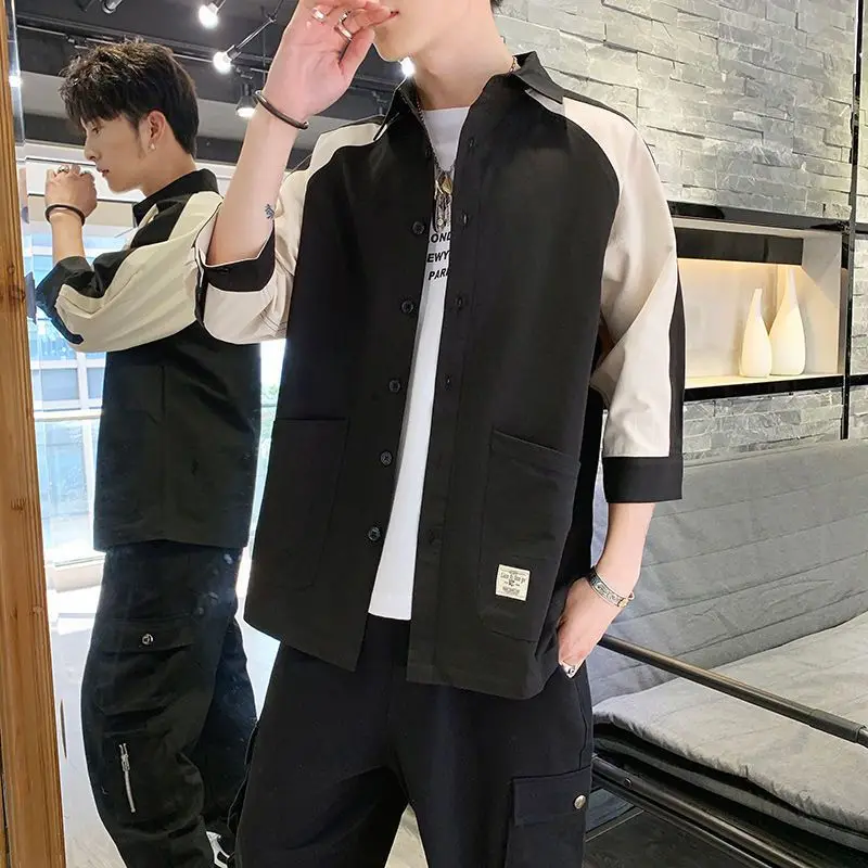 Men's Clothing 2023 Man Fashion Casual Loose Simplicity Three Quarter Sleeve Button Pockets Patchwork Turn-down Collar Shirts