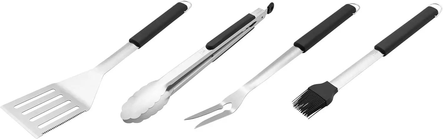 

4-Piece Stainless Steel BBQ Grill Tool Set with Spatula, Tongs, Fork & Basting Brush – Heavy Duty Outdoor Grilling Kit for Campi