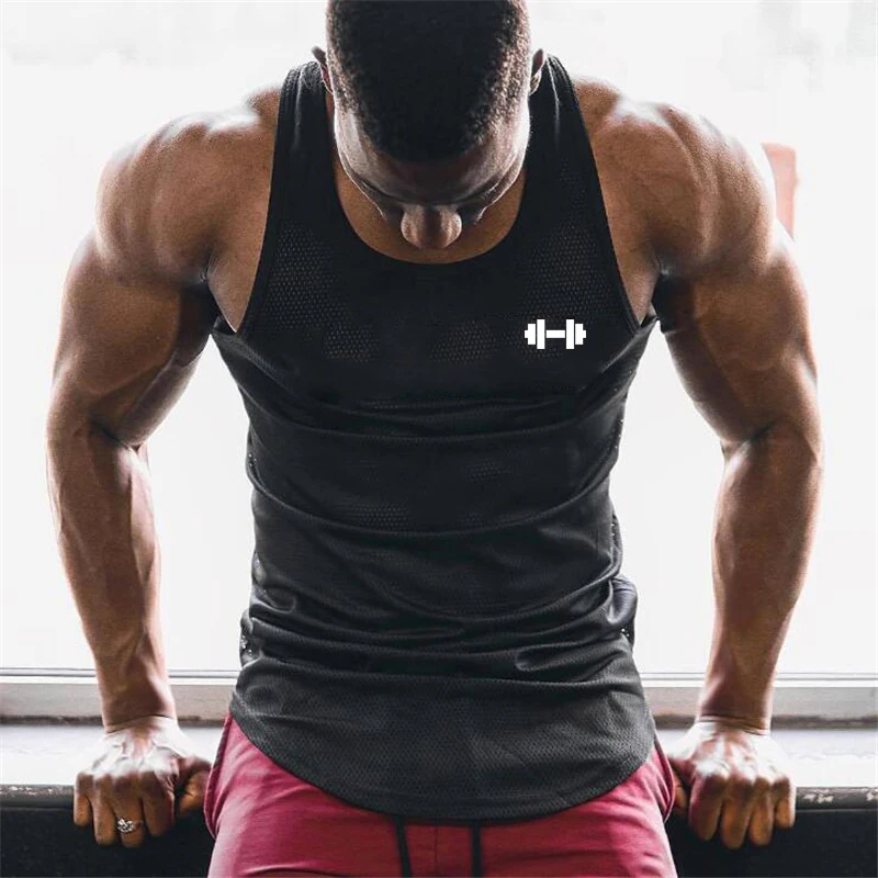 

Summer Bodybuilding Fitness Shirt Muscle Clothing Dumbbel Printed Mens Running Vests Mesh Quick Dry Breathable Gym Tank Tops
