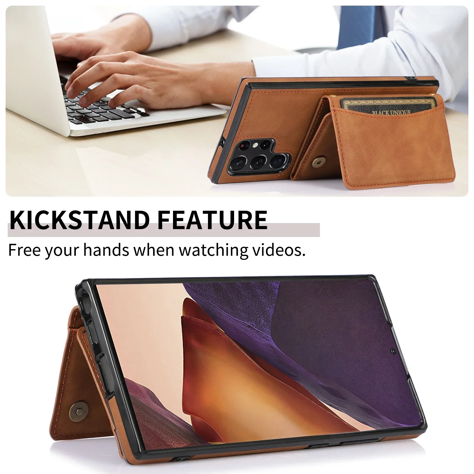 Triple Folded Matte Leather Wallet Case for Samsung S25 Ultra S24 FE S23 S22 Plus S21 A55 A14 Cards Slots Kickstand Flip Cover
