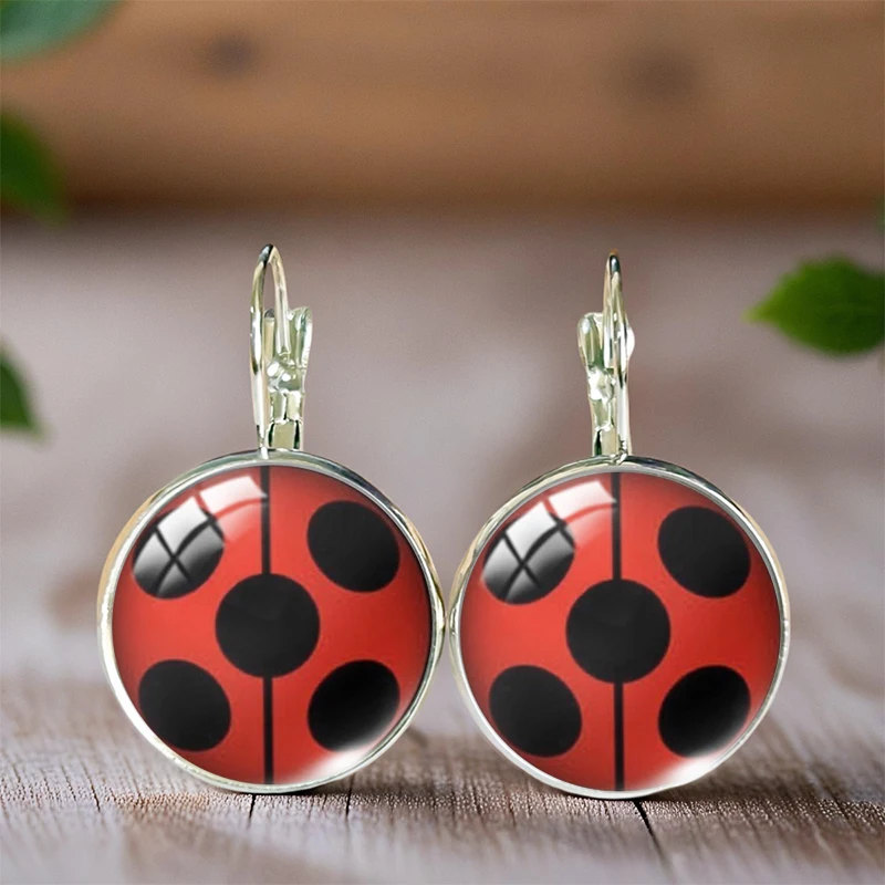 2025 New Fashion Ladybugs Ear Clip Round Earring Glass Cabochon Art Printed Jewelry