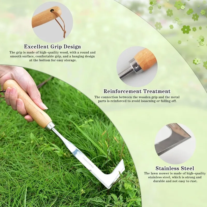 Grattoil à Désherber Manuel, 30 cm - Manche en Bois et Lame en Acier Inoxydable pour Éliminer les Mauvaises Herbes et la Mousse