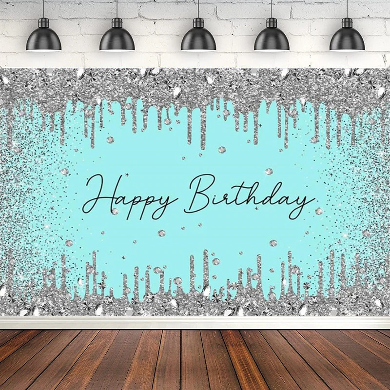 Sliver Glitter Diamonds Photography Backdrop Light Blue Kids Happy Birthday Party Poster Photo Background Decoration Banner