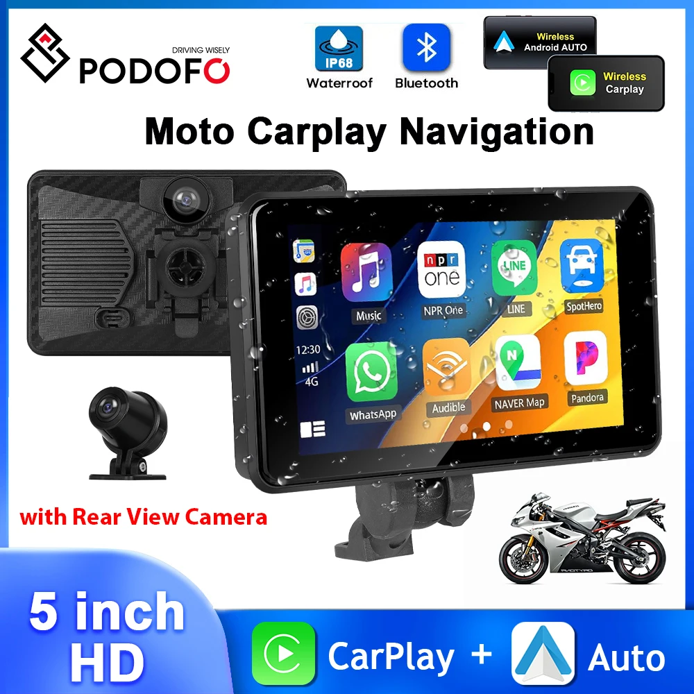 Podofo 5'' Touch Screen Motorcycle DVR with Front Camera IP68 Waterproof Dual Lens Carplay Android Auto Loop Recording EQ WIFI