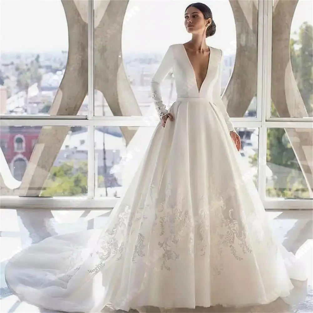 

Romantic A-Line Wedding Dresses Simplicity Decals V-Neck Bride Gowns Newest High Quality Floor Mopping Women Vestidos De Novia