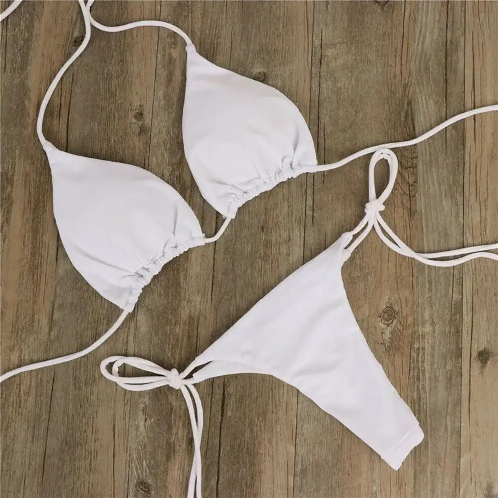 Effen Kleur Hangende Hals Stijl Veters Bikini Vrouwen Sexy Split Binding Driehoek Strandzwempak Geen Stalen Beugel Geen Borstkussen