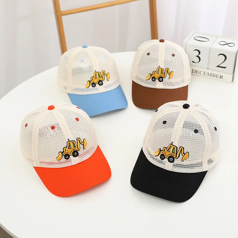 

Summer Baby Boys Baseball Cap Cute Bulldozer Excavator Embroidered Mesh Hat for Toddler Boy Girl Cartoon Adjustable Sun Hats