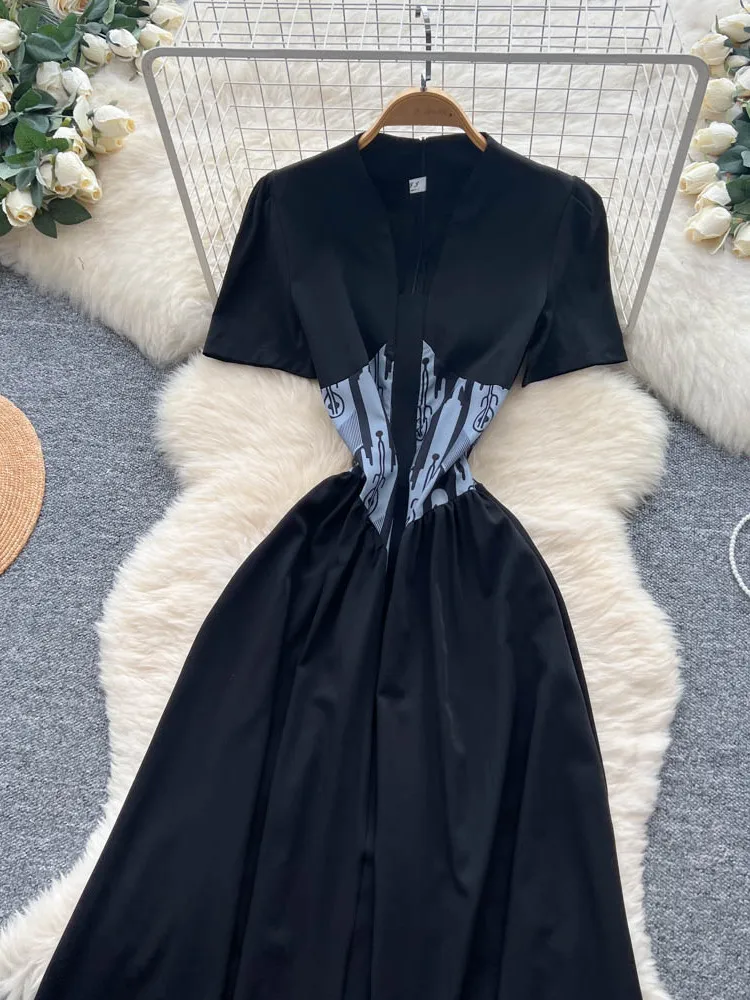 우아한 프린트 여름 드레스 여성용 브이넥 반팔 하이웨이스트 슬림 롱 드레스 한국 스타일 도시 출퇴근 패션