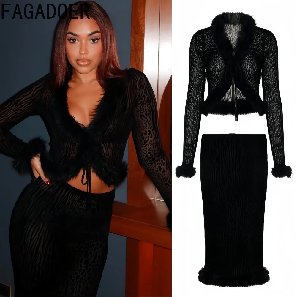 

FAGADOER Sexy Leopard Print Woman 2 Piece Set Outfit Fur Patchwork Long Sleeve Cardigan and Skirt Matching Female Streetwear New
