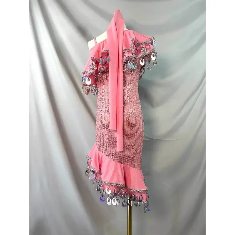 Kostium do tańca brzucha, cekinowa różowa orientalna spódnica Melaya, strój na zamówienie do występów i konkursów dla dorosłych i młodzieży.