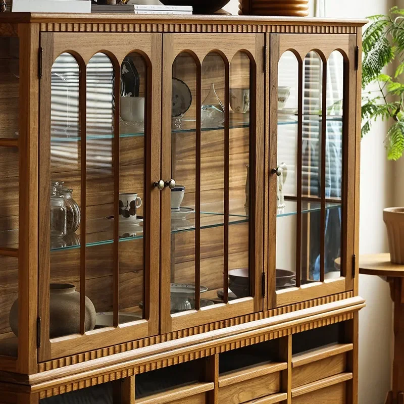 teak household dishes, porcelain glass display cabinet, all solid wood against the wall