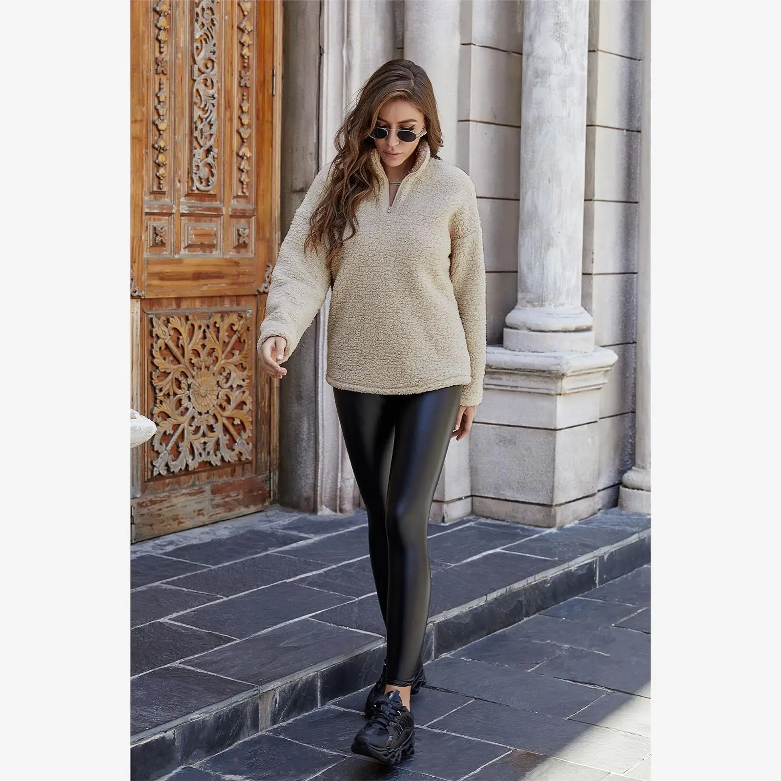 T-shirt à capuche avec fermeture éclair ample et longue, doux, mi-long, couleur Pure, col montant, vêtements confortables pour femmes