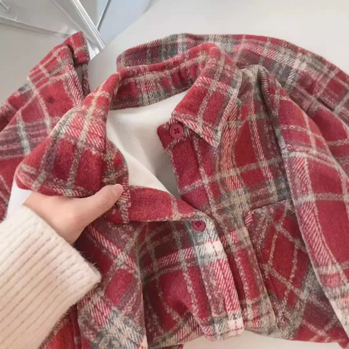 الرجعية الأمريكية النبيذ الأحمر نحى منقوشة قميص سترة المرأة الخريف الشتاء فضفاضة تنوعا منتصف طول زر متابعة أعلى