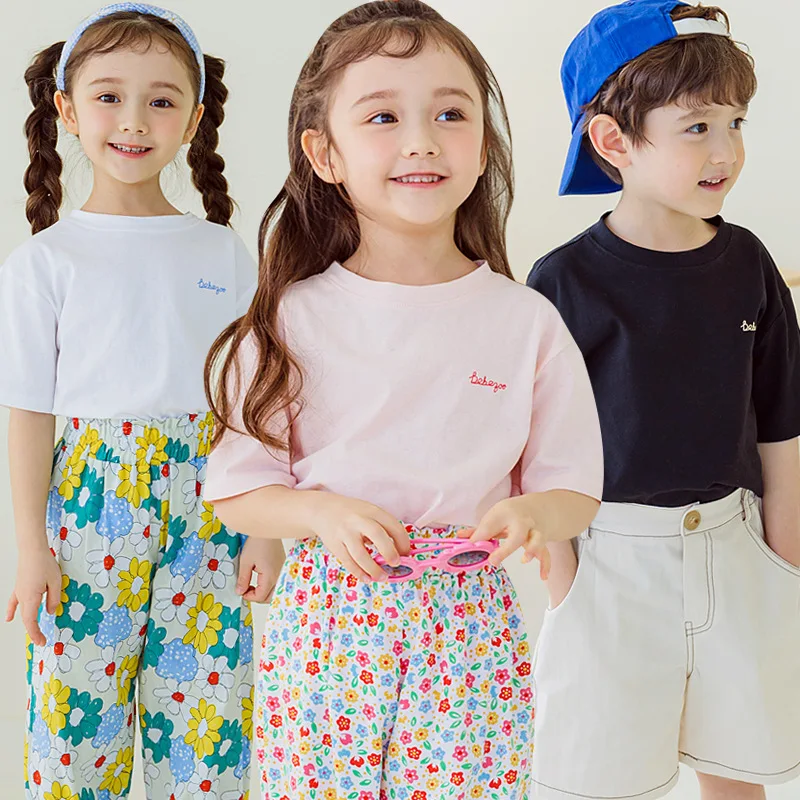 

Cotton T-shirt Round Neck Pullover Summer Sweatshirt Children 2023 Summer Children Short Sleeve T-shirt Basic Solid Color