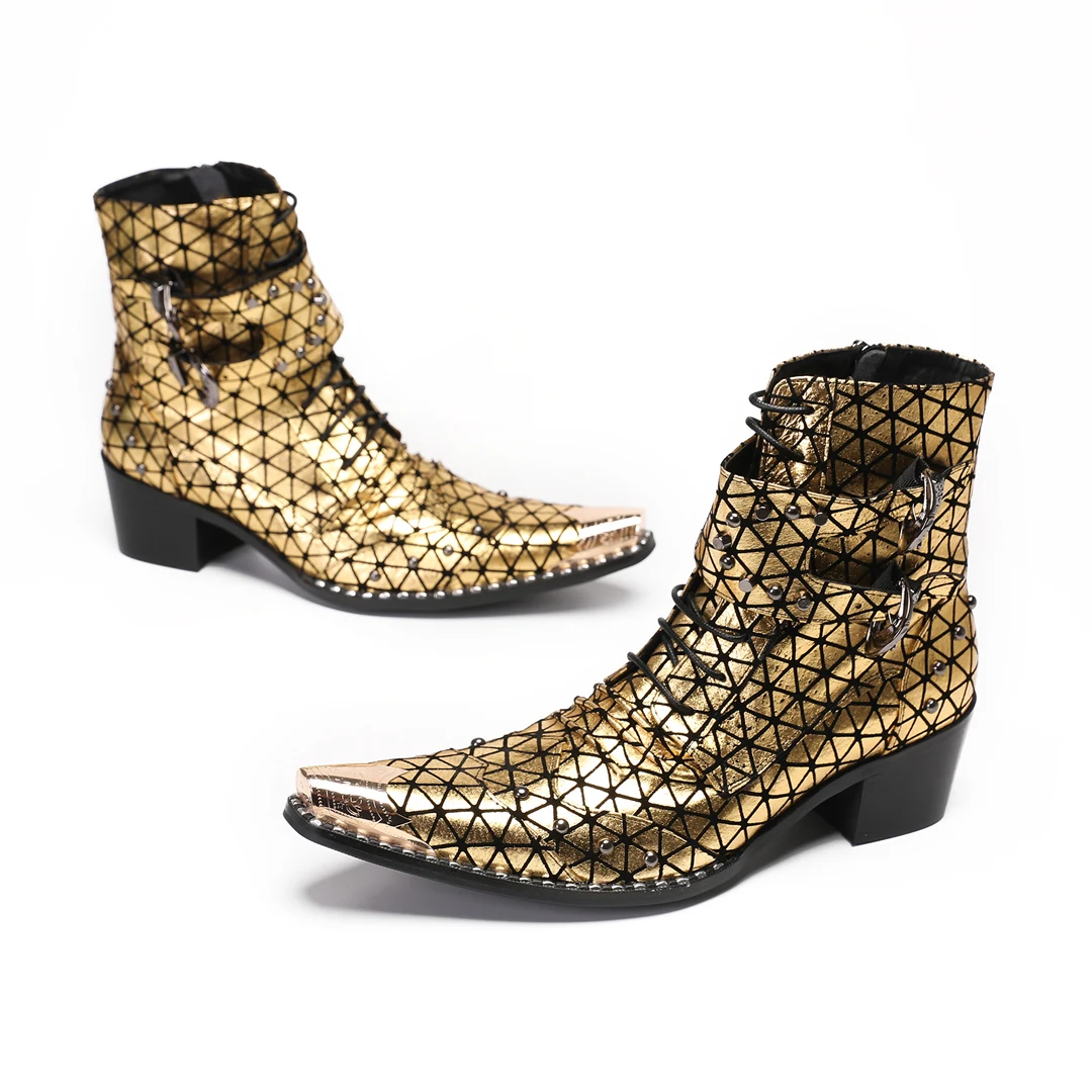 

Gold Pointed Toe Men Genuine Leather Club Party Dress Boots Large Size Rivets Buckle Strap Motorcycle Ankle Boots Formal Shoes