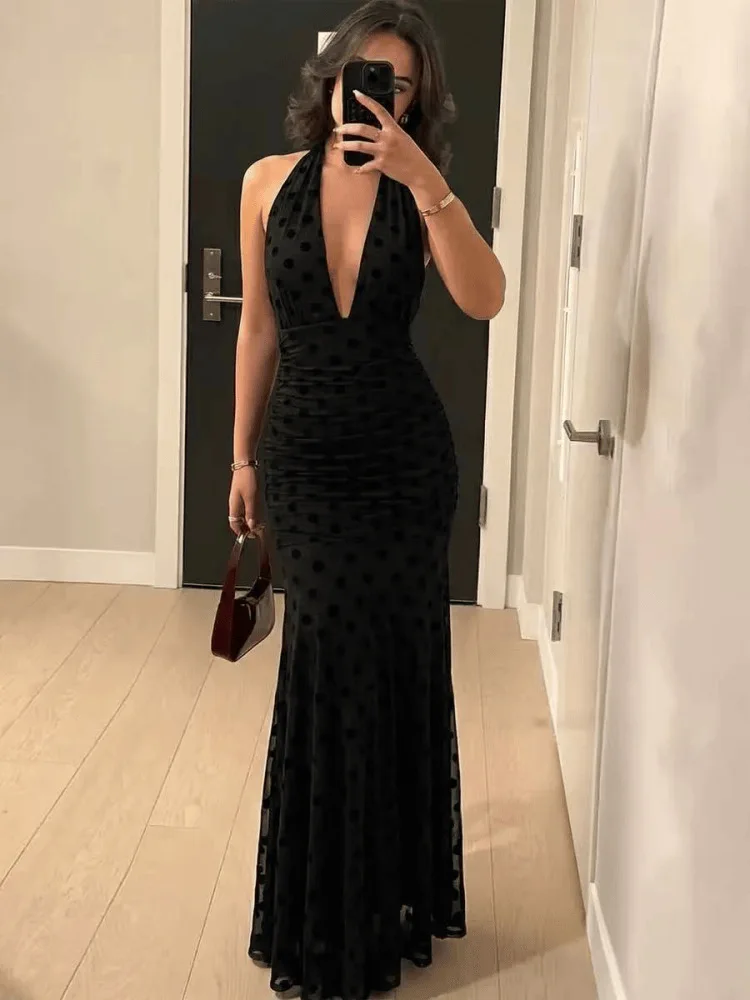 black-polka-dot-halter-maxi-dress-deep-v-neck-sheer-mesh-party-dresses-simple-ruched-bodycon-backless-evening-gowns