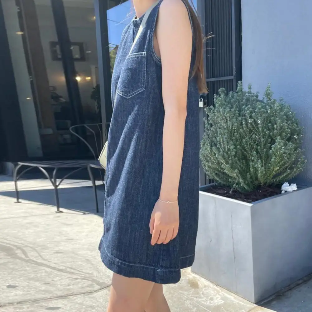 Denim Dress Stylish Summer Dresses with Chest Pocket A-line Silhouette Above Knee Length for Women Solid Color Patchwork for A