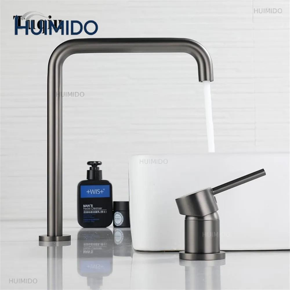 Basin faucet Bathroom super long pipe two holes Gun Grey bathroom faucet sink tap 360 rotating widespread Black basin Tap