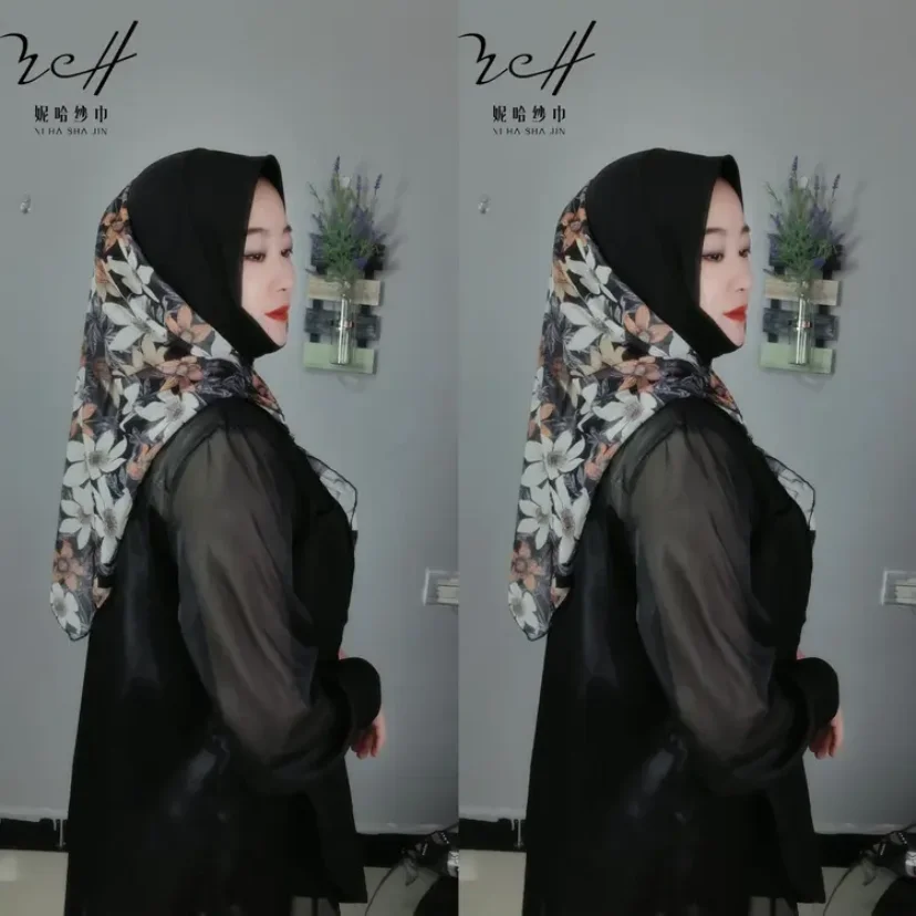 Print Chiffon Wrap Hijab for Ladies, High Strecth Headscarf, Moslem