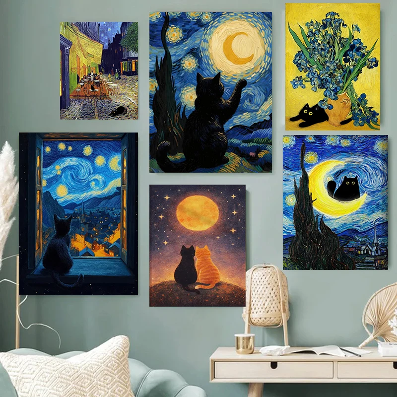 Starry Night Black Cat Canvas Print, Van Gogh Inspired Painting, Black Cat Sunflower Poster, Landscape Animal Art for Home Decor