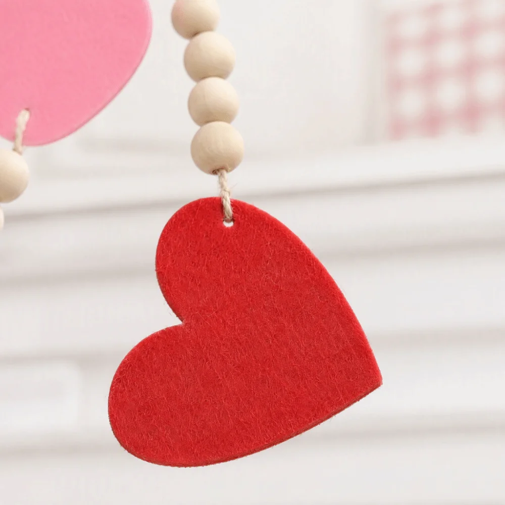 Red Pink Color Felt Heart Garland 61.81in Pre-Made Hanging Loop Valentine Bunting Banner Farmhouse Style Wooden Bead Garland