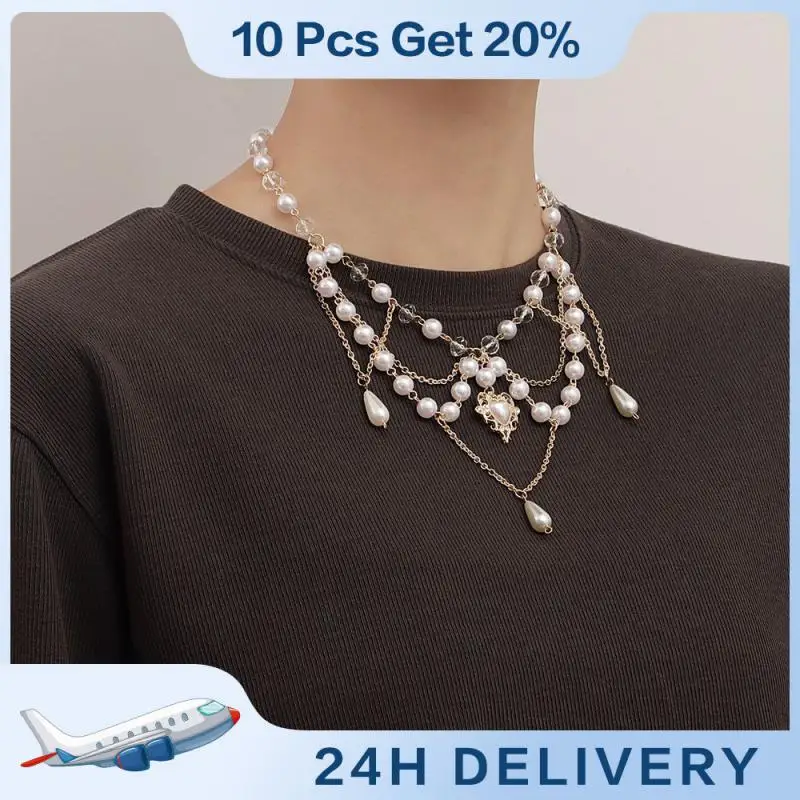 Fashion Imitation Pearl Tassel Heart Butterfly Cross Necklace With Double Layer High Gloss Natural Stone Pendant Neck Chain
