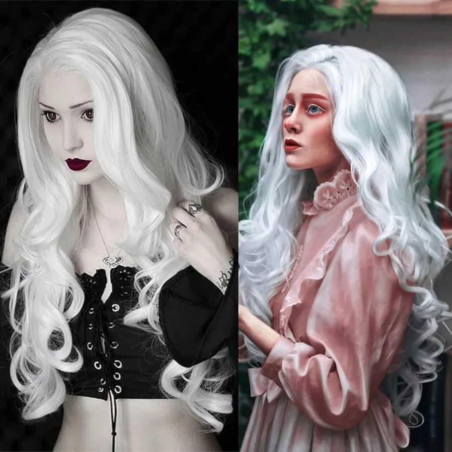 Wig sintetis lace front putih bergelombang panjang 26 inci dengan HD TPart untuk wanita, tampak alami seperti rambut manusia, desain belahan tengah, sudah dirapikan.