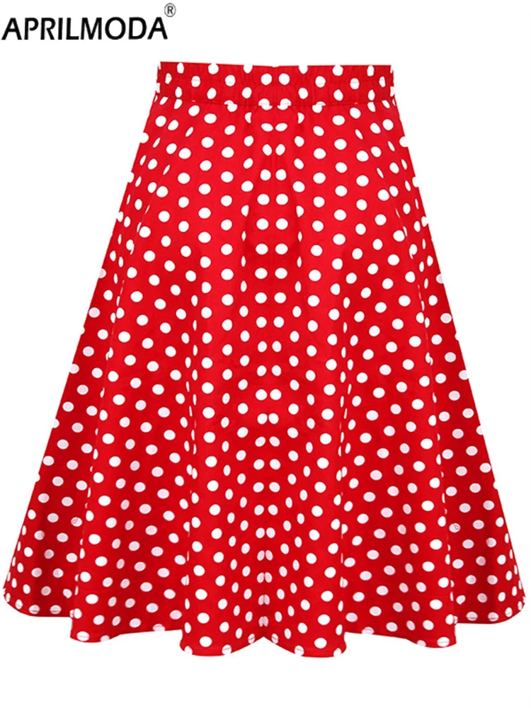 2024 Red A Line 1950s Style Summer Women's Skirts Polka Dot Print High Waist Tea Flare Runway Vintage Skirt