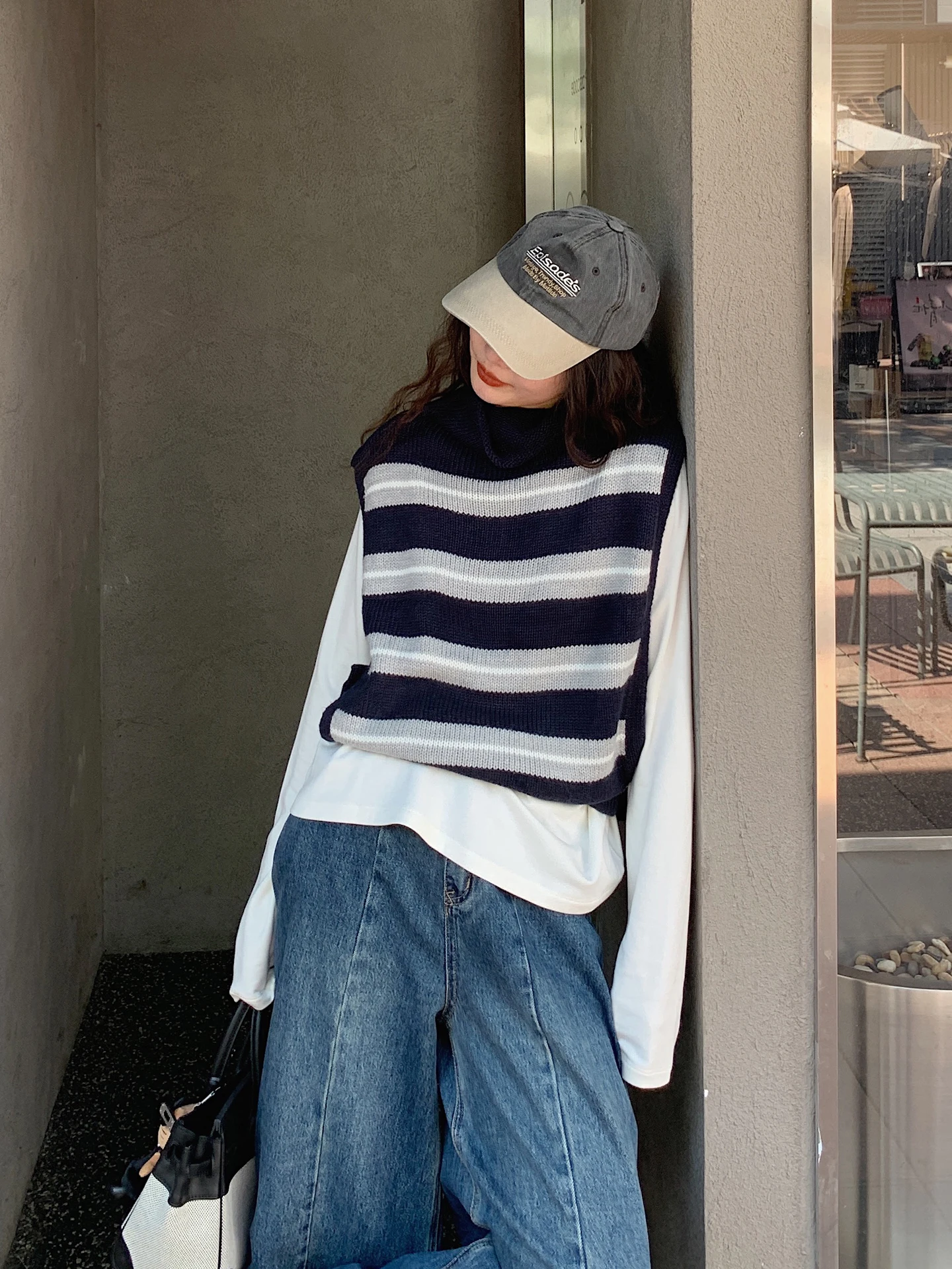 

Soloki Korean Sle College Casual Loose Fit f High Collar Stripe Color Blo ort Knitted Vest Women's Faion Autumn Wi...