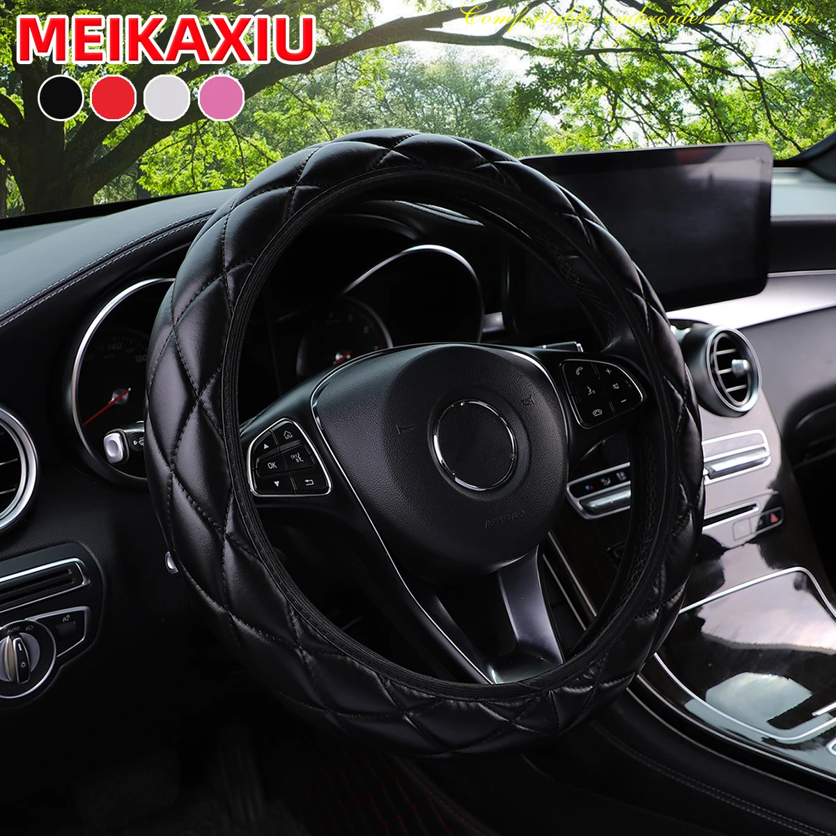 1 conforto artificial de couro PU macio de granulação fina bordado capa de volante de carro estirável tridimensional para 14,5-15 pol.