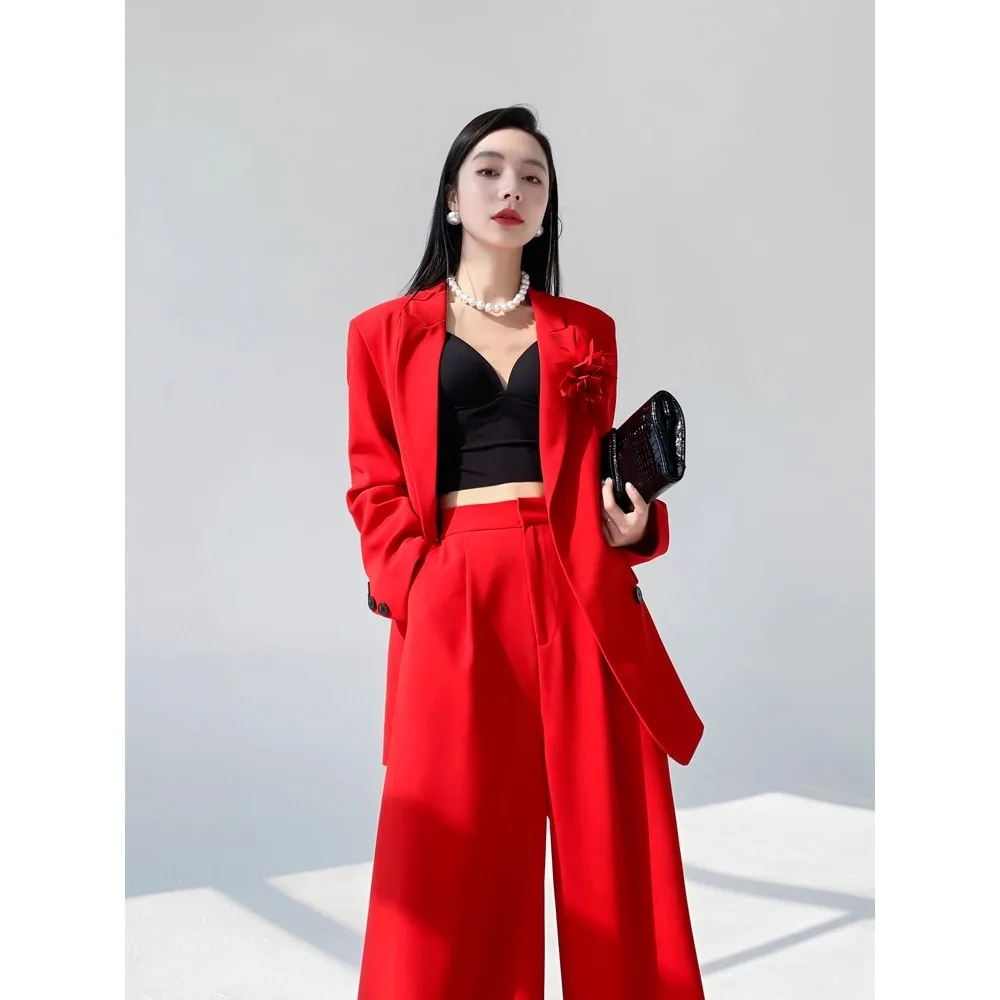 TWOTWINSTYLE, conjunto liso de dos piezas para mujer, cuello de solapa, manga larga, cintura alta, temperamento, conjuntos de pantalones sueltos para mujer, nuevo