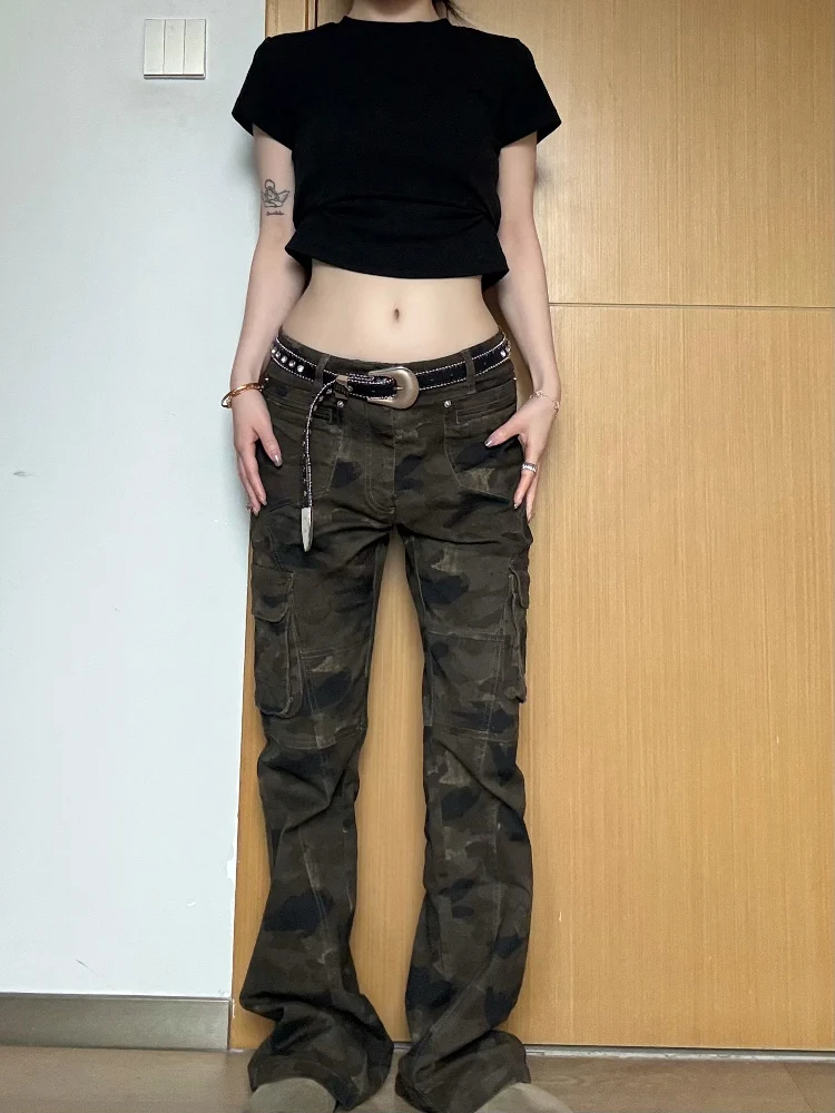 

Американские камуфляжные облегающие рабочие брюки в стиле ретро, мужские и женские прямые леггинсы с низкой талией, расклешенные повседневные брюки Street Sle