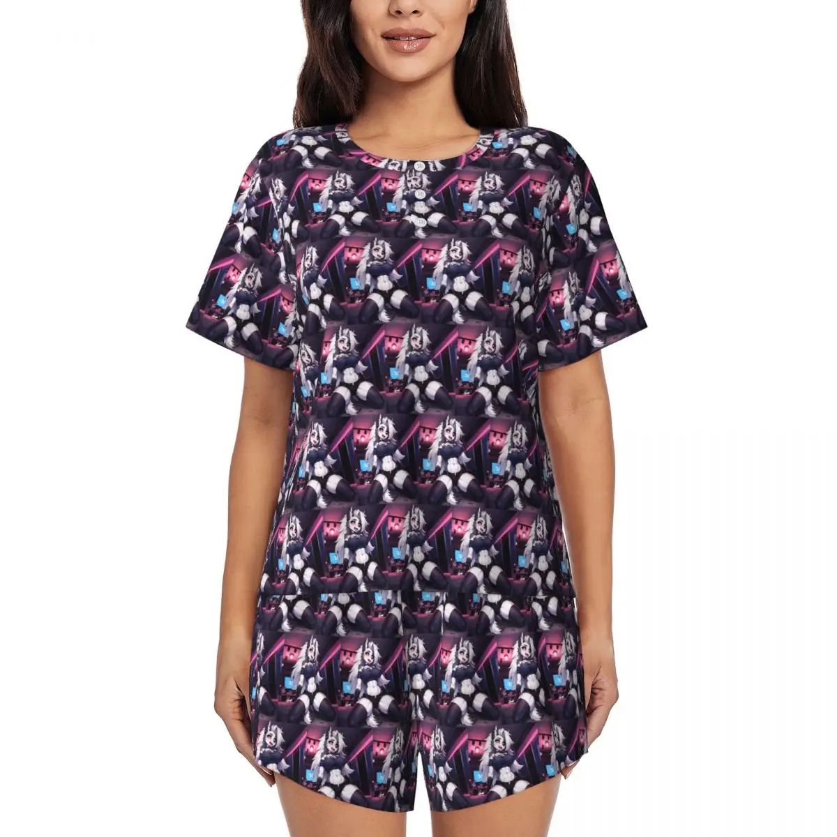 

Ночная рубашка Helluva Boss Loona с круглым вырезом и короткими рукавами для сна, женский свободный пижамный комплект с короткими штанами