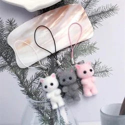 1PCS 3D Cute Plush Resin Cat Pendant Keychain For Women Simple Design Phone Rope Chain Lovely Animal Bag Car Keyring Young Girls