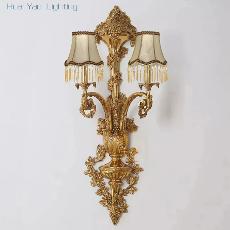 French Style All-Copper Large Wall Lamp European Retro Luxurious Elegant Living Room Corridor Aisle Staircase Double-Headed