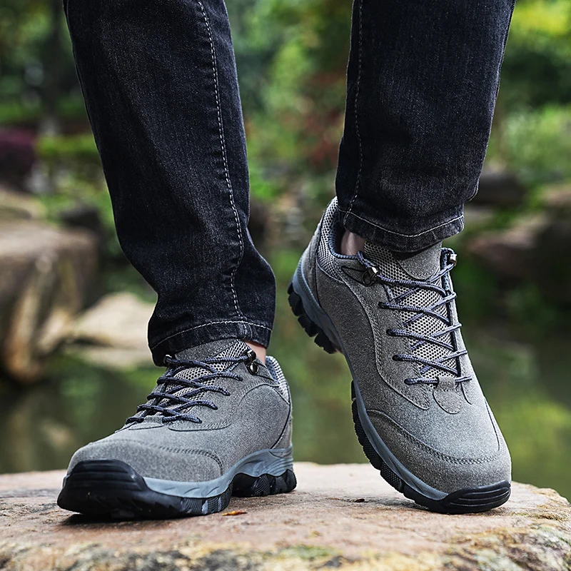 HIKEUP erkekler yürüyüş ayakkabıları Mesh Trekking Sneakers nefes dayanıklı giyilebilir dağ tırmanma Trail koşu açık ayakkabı