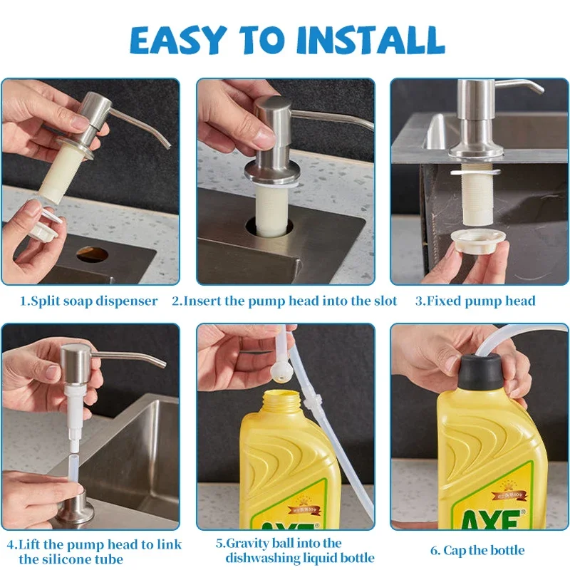 Lavello da cucina Dispenser di sapone liquido Pompa in acciaio inossidabile 500ML Bottiglia di sapone liquido Supporto per lavello Bottiglia di dispenser di sapone a pressione manuale