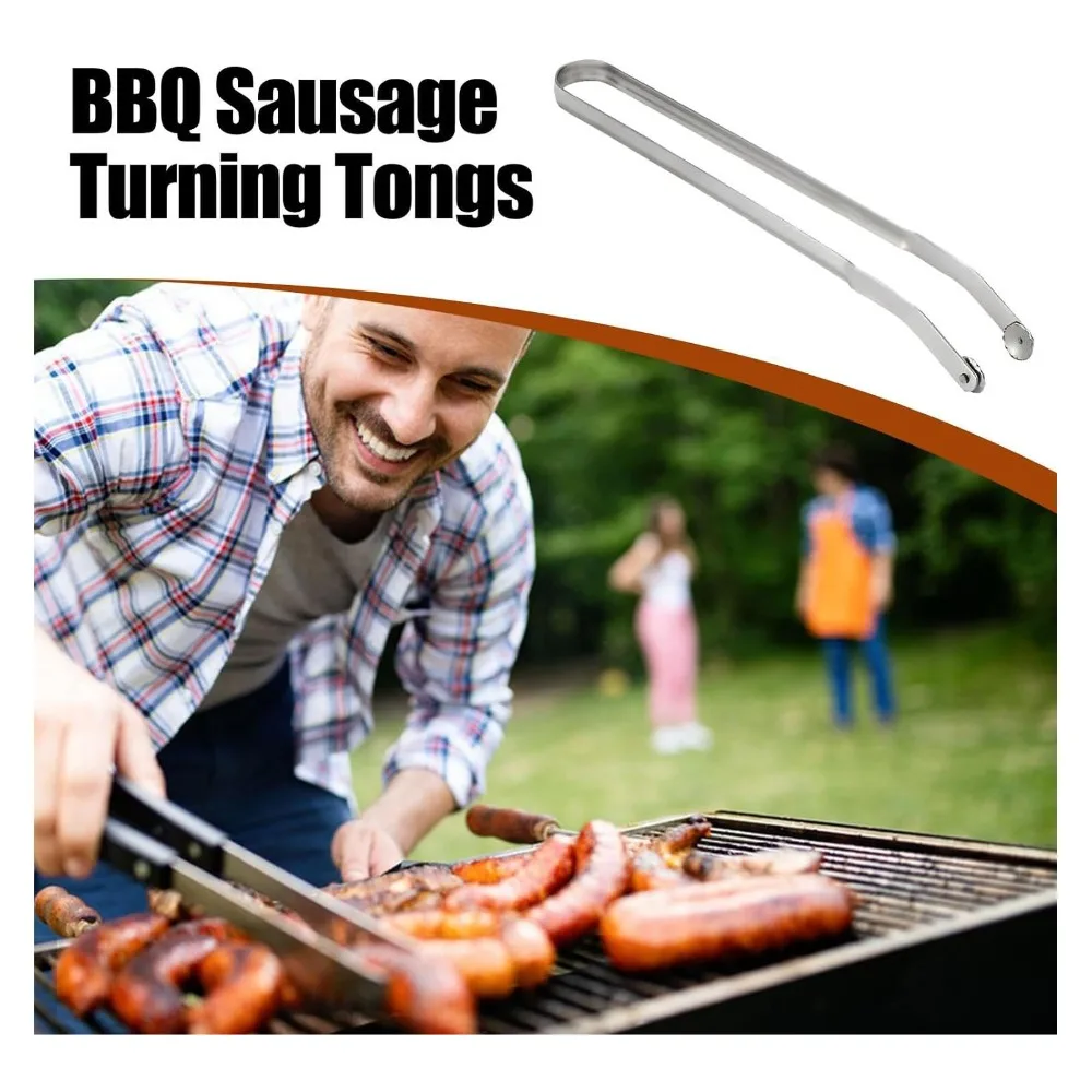 Easy to Use Stainless Steel Sausage Turning Tongs Silver Long Handle Kitchen Tongs Turning Barbecue Tongs For Grilling