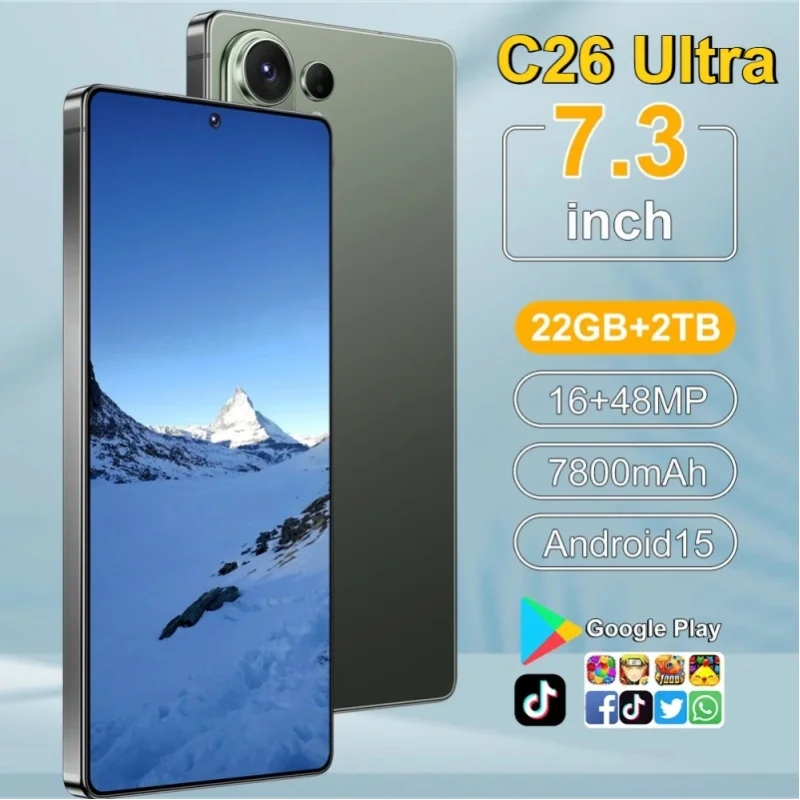 Smartphone 5G C26 Ultra Mobiltelefone Android Handy 7,3 Zoll 22GB+2TB Gesichtserkennung Dual-SIM 7800mAh Generalüberholt