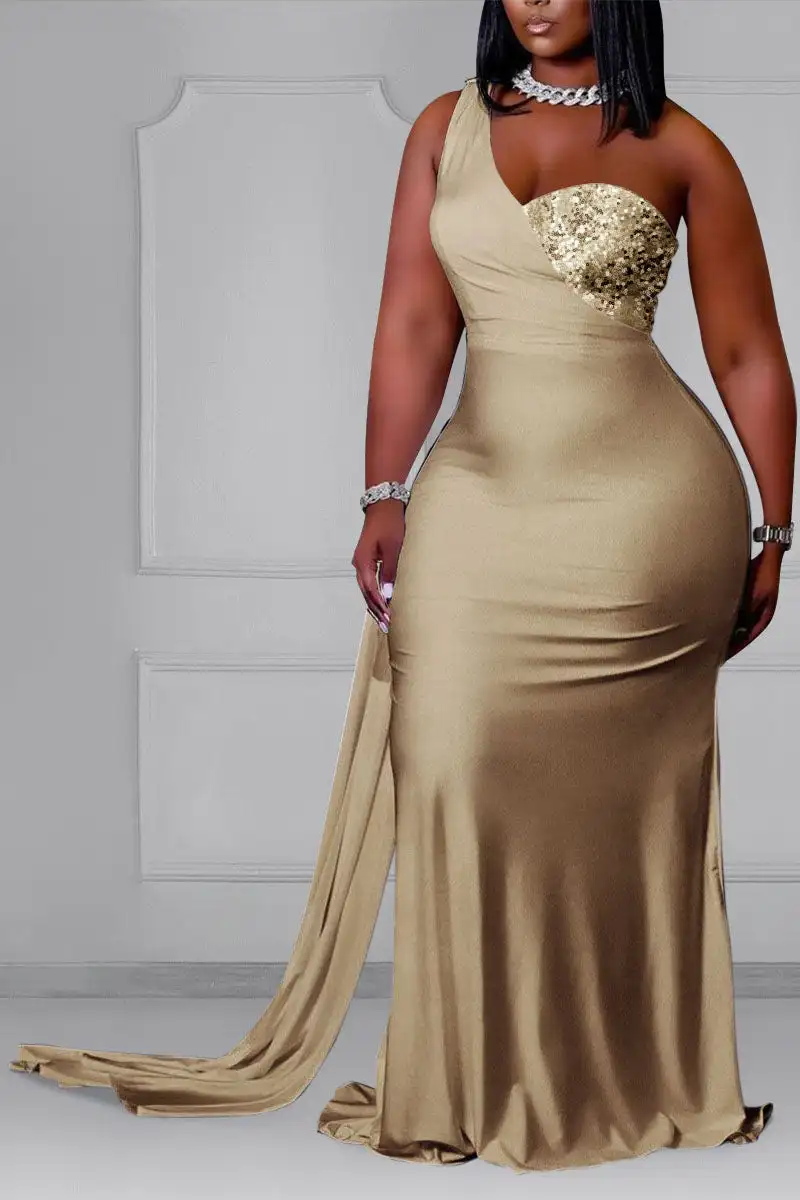 Plus Size Semi Formal Champagne Sleeveless Trailing Patchwork Sequin Maxi Dress