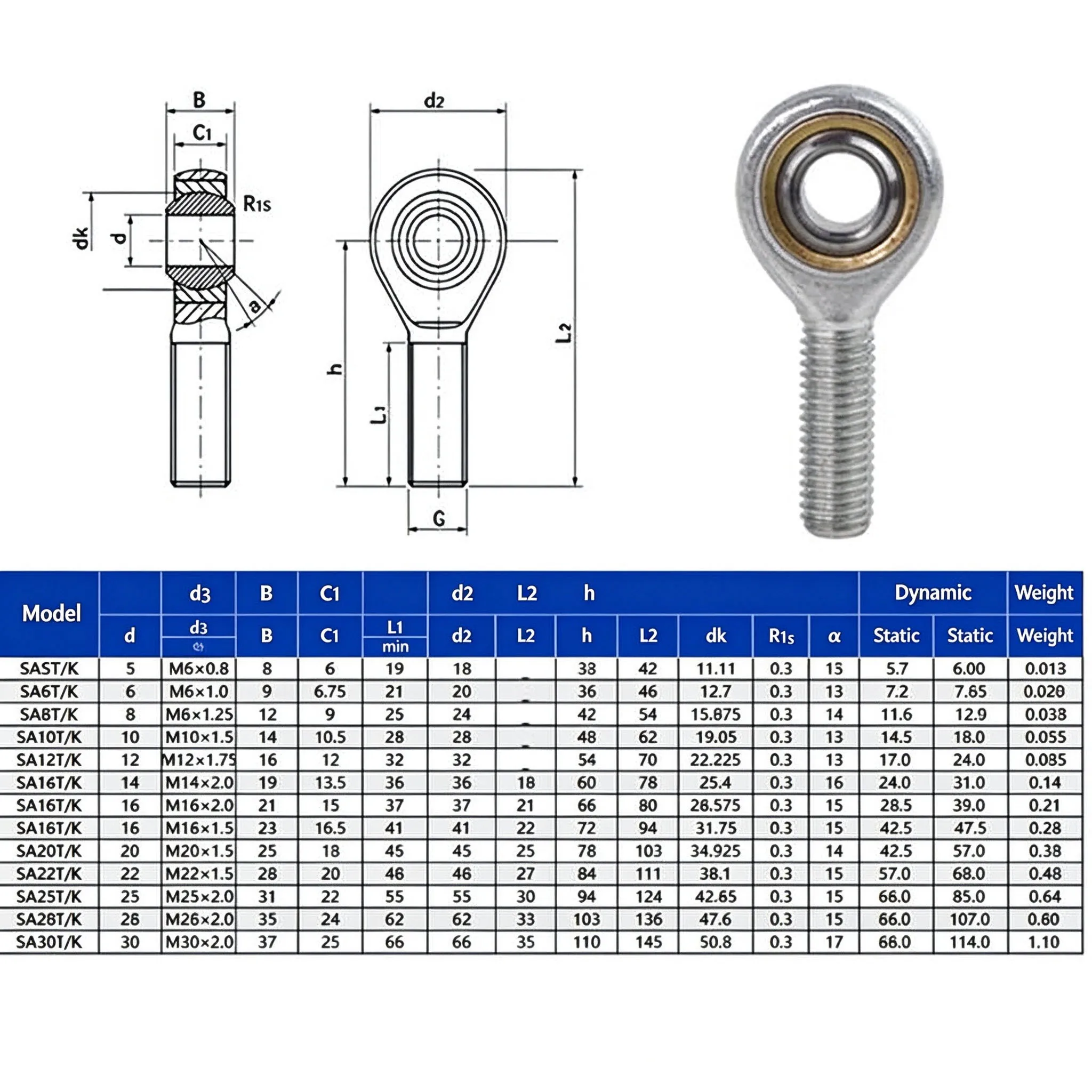 Male Thread Rod End Bearing SA SAL Fish Eye Joint Right/Left Hand M3/M4/M5/M6/M8/M10/M12/M14/M16/M18M20-M36 T/K for CNC Robot