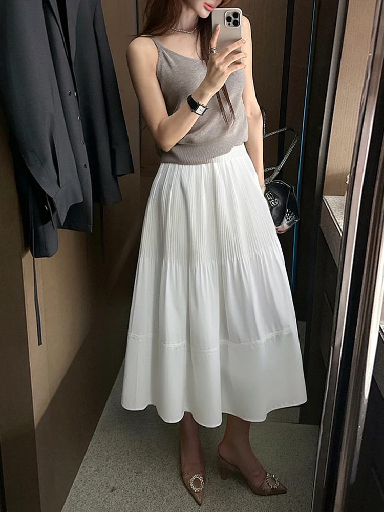 

White A-Line Midi Skirt Women's Spring Summer New High Waist Pleated f Body Skirt Slimming Small Size Large Swing Skirt