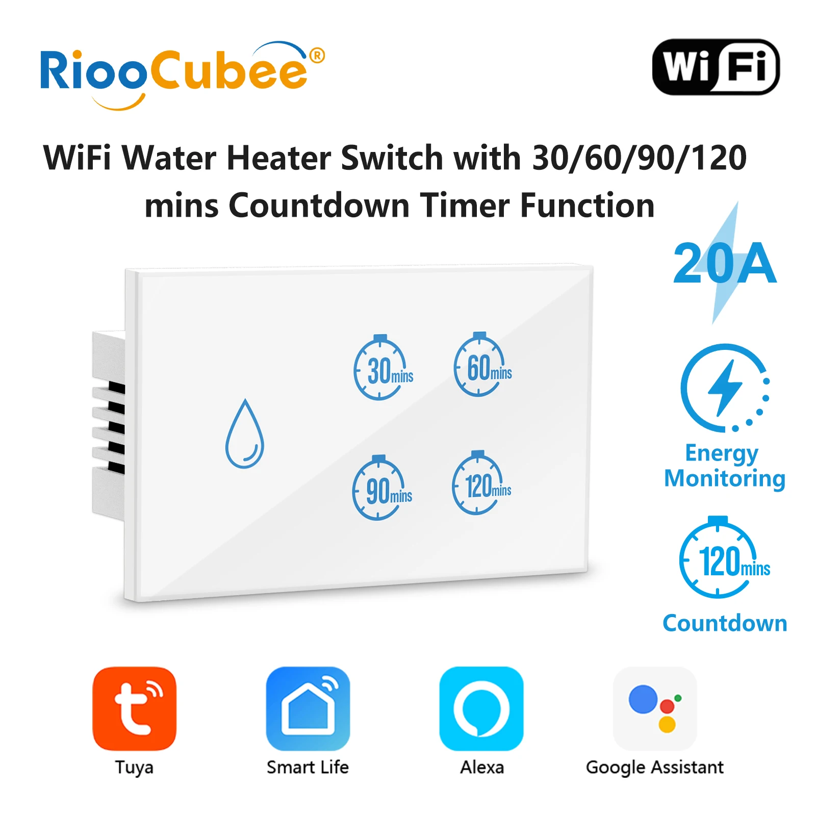 RiooCubee Tuya Smart Life 20A Boiler Water Heater Touch Panel Switch Countdown Remote Control Timer Google Assistant Alexa