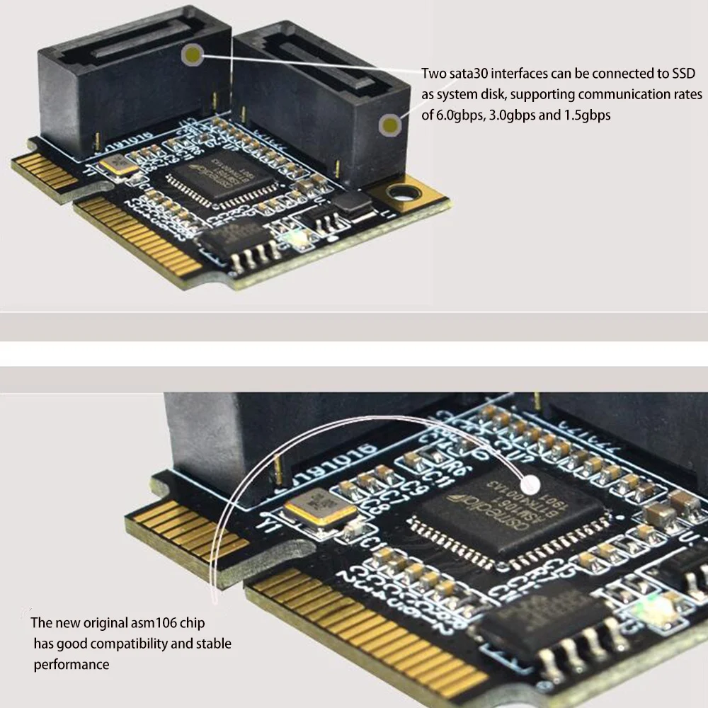 DT75BG 2 Ports Mini PCI-E PCI Express to SATA 3.0 Converter Hard Drive Extension Card with SATA Cable for PC Computer