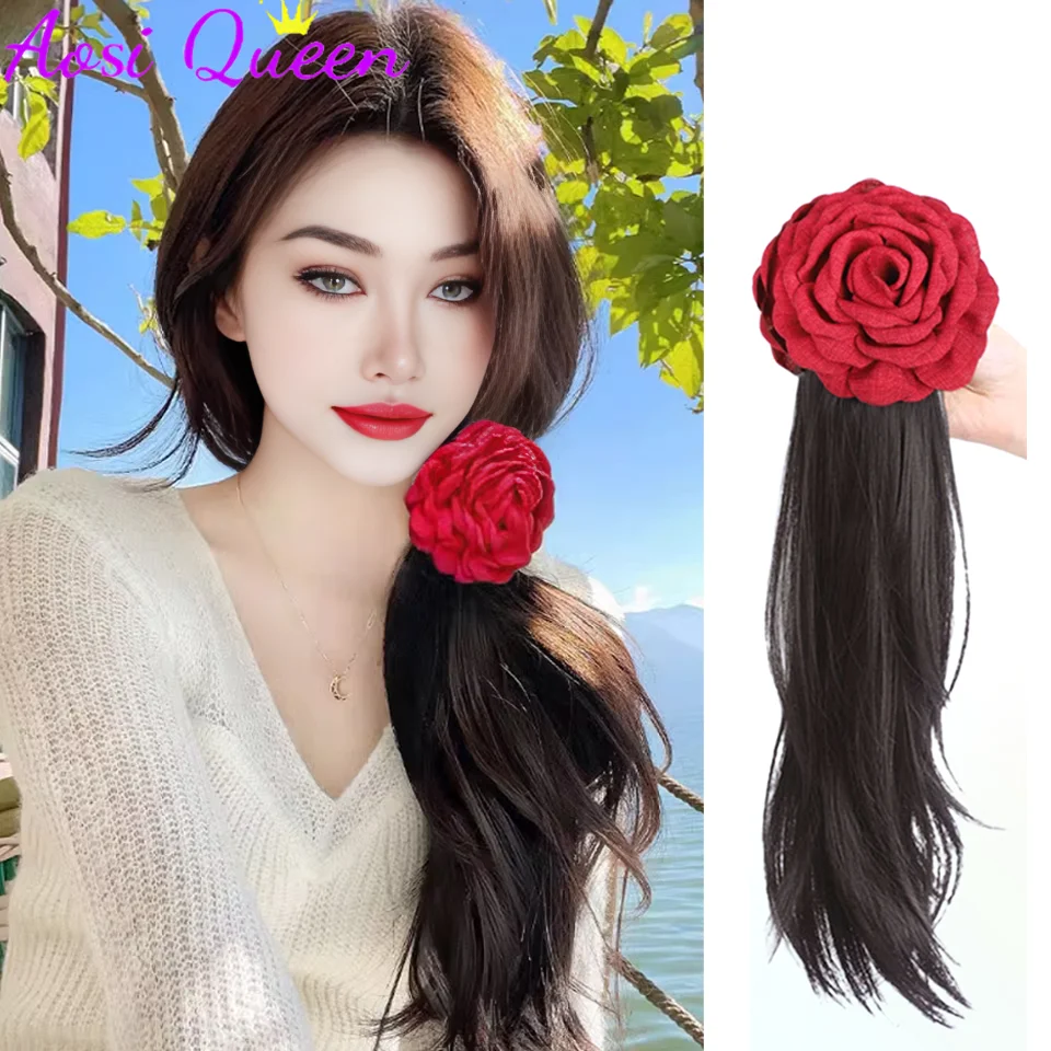 AOSI Ponytail Wig For Women Red Rose Gripper Side-tie Layered Slightly Curly Hair Heat-resistant Chemical Fiber Wig Ponytail