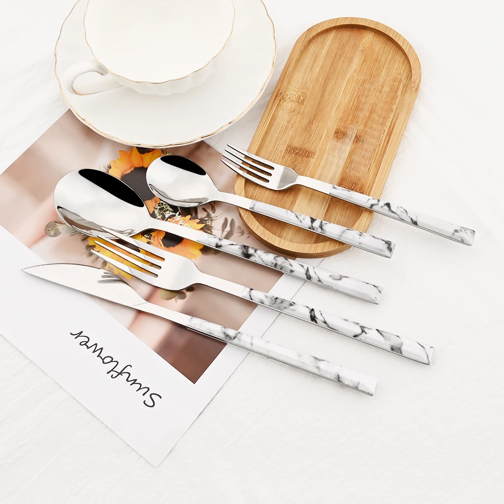 24/30Pcs White Silver Dinnerware Set Imitation Wooden Handle Cutlery Set Knife Fork Tea Spoon Tableware Stainless Steel Flatware