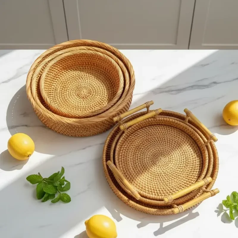 Natural rattan wicker tray set, hand-woven with ergonomic handle, multi-purpose kitchen decorative food tray three-piece set