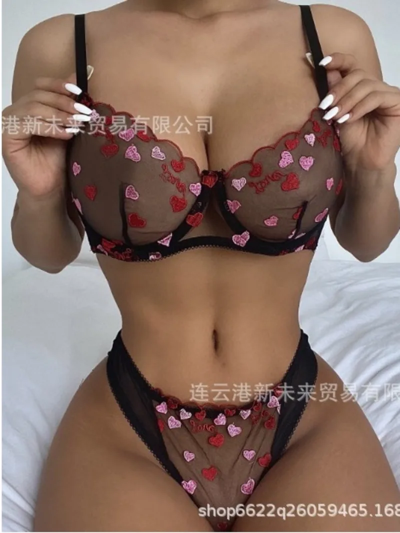 

Sexy Transparent Heart Print Mesh Lace Bikini Backless Deep V Suspenders Sleeveless Bikini Charming Elegant Pure Desire 8DIQ
