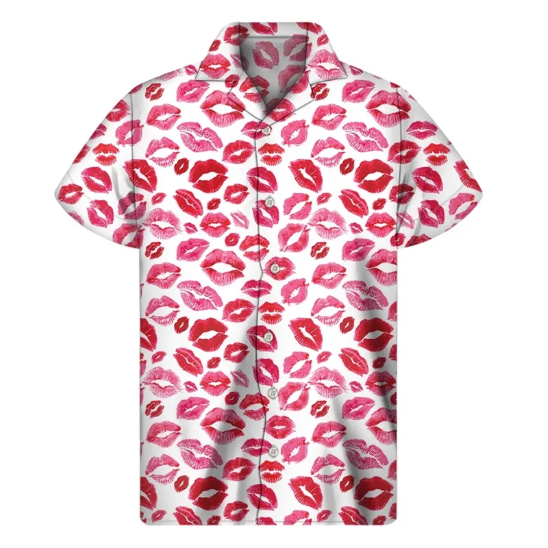 

Black Red Lips Pattern Print Mens Beach Shirts Fashion Designer Casual Button Down Big Size Aloho Shirt Mens Short Sleeve Blouse